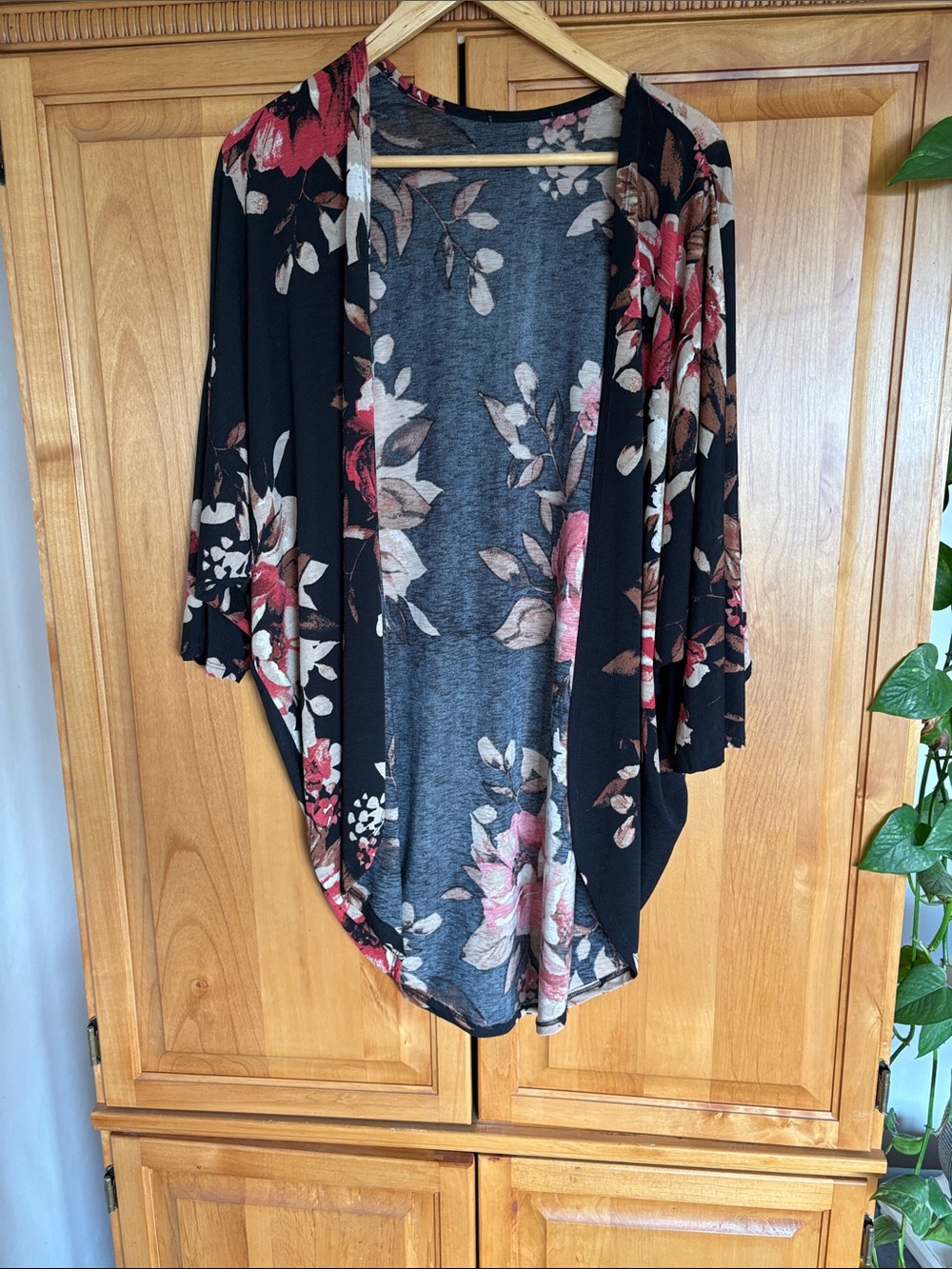 Floral Open-Front Kimono Cardigan - Black with Pink Floral
